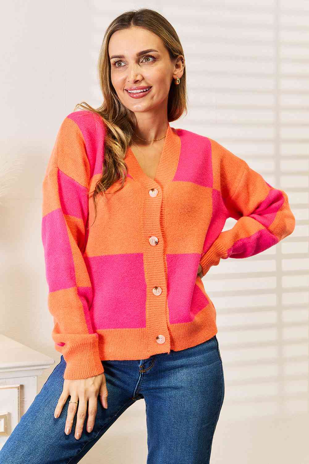 Woven Right Checkered V-Neck Dropped Shoulder Cardigan *