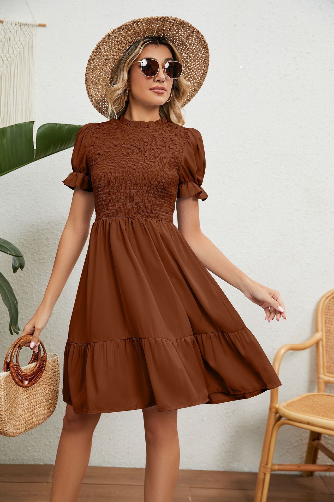 Women's Full Size Smocked Flounce Sleeve Ruffle Hem Dress