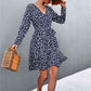 Printed V-Neck Tie Belt Ruffle Hem Mini Dress