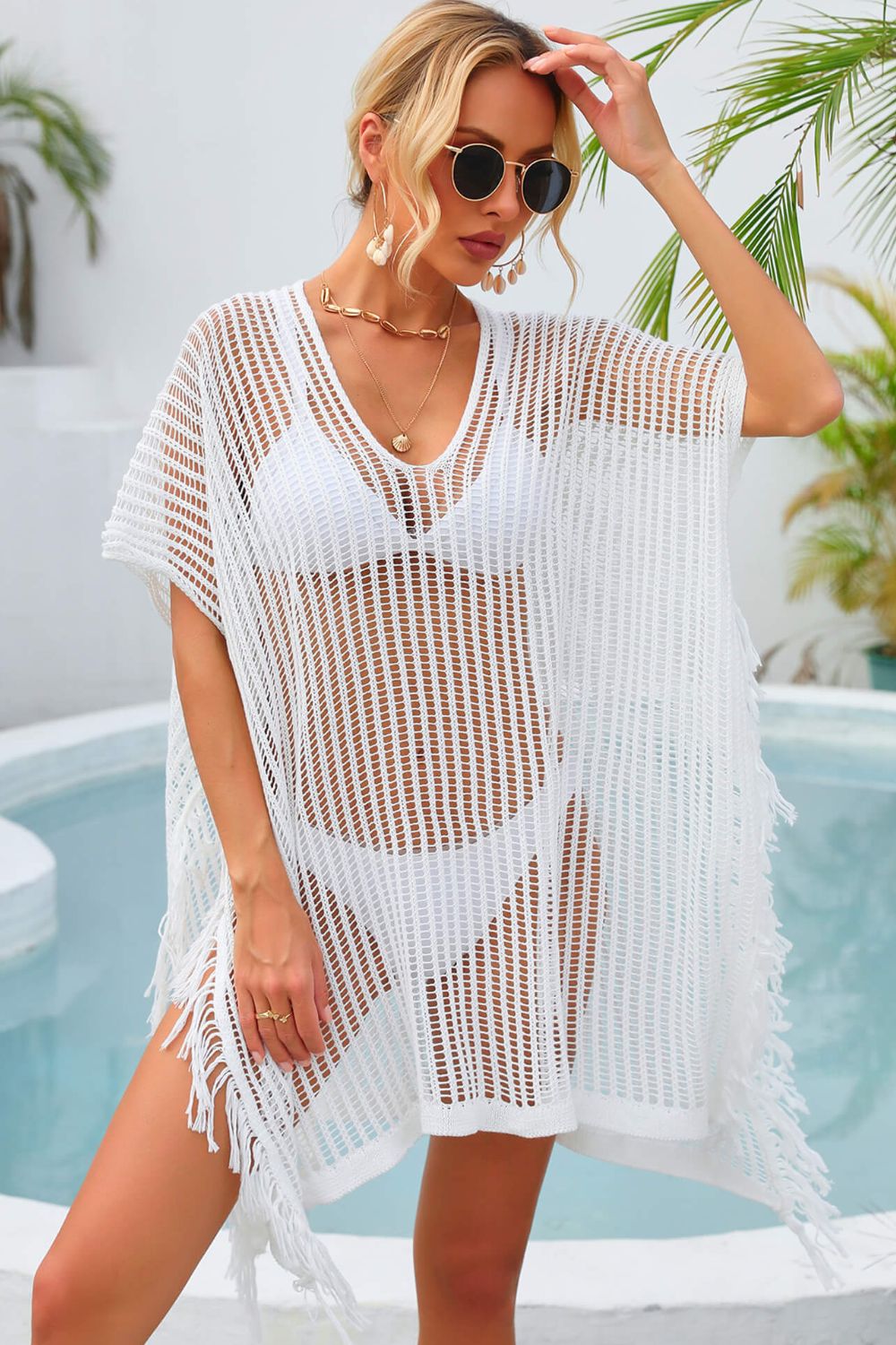 SO SUMMER One Size Fringe Trim Openwork Cover Up