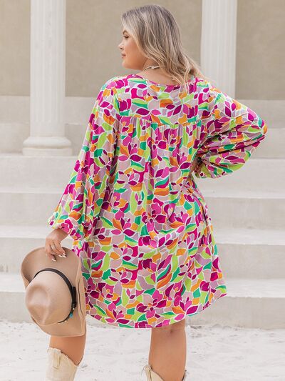 Women's Candida Plus Size Printed V-Neck Balloon Sleeve Mini Dress