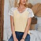 Eyelet V-Neck Lace Short Sleeve T-Shirt