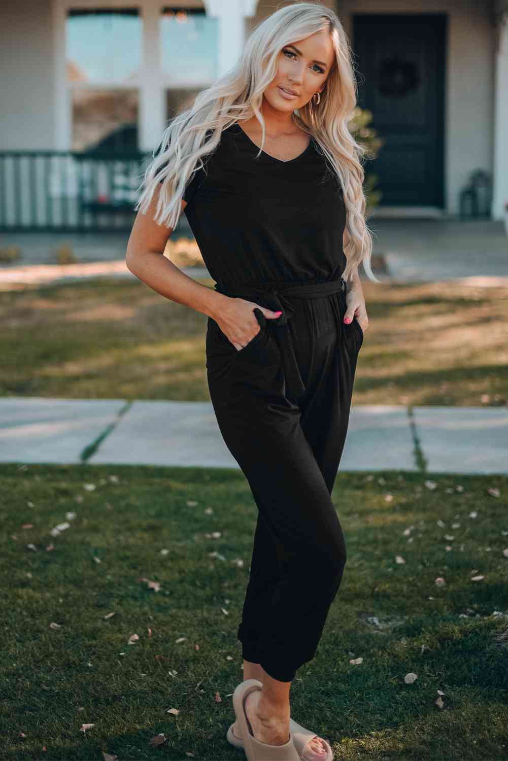 Black Belted V-Neck Jogger Jumpsuit