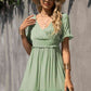 Women's Gum Leaf Green Smocked Waist Flounce Sleeve Ruffle Hem Dress