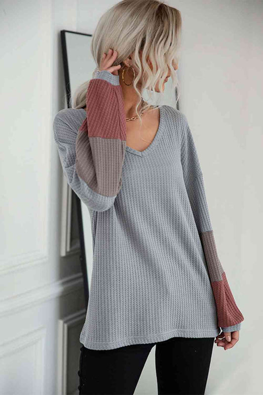 Gray Color Block Sleeve Waffle Knit Tee