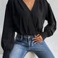Women's Isla Black Surplice Ruched Long Sleeve Bodysuit