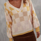 Checkered V-Neck Lantern Sleeve Sweater
