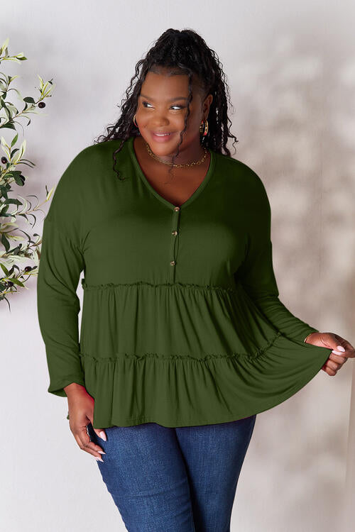Double Take Half Button Long Sleeve Ruffle Hem Blouse *
