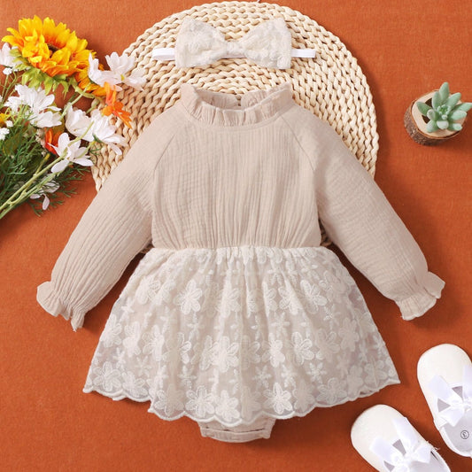 LITTLE GIRLS Apricot Two-Tone Lace Bodysuit Dress SZ 0M-18M