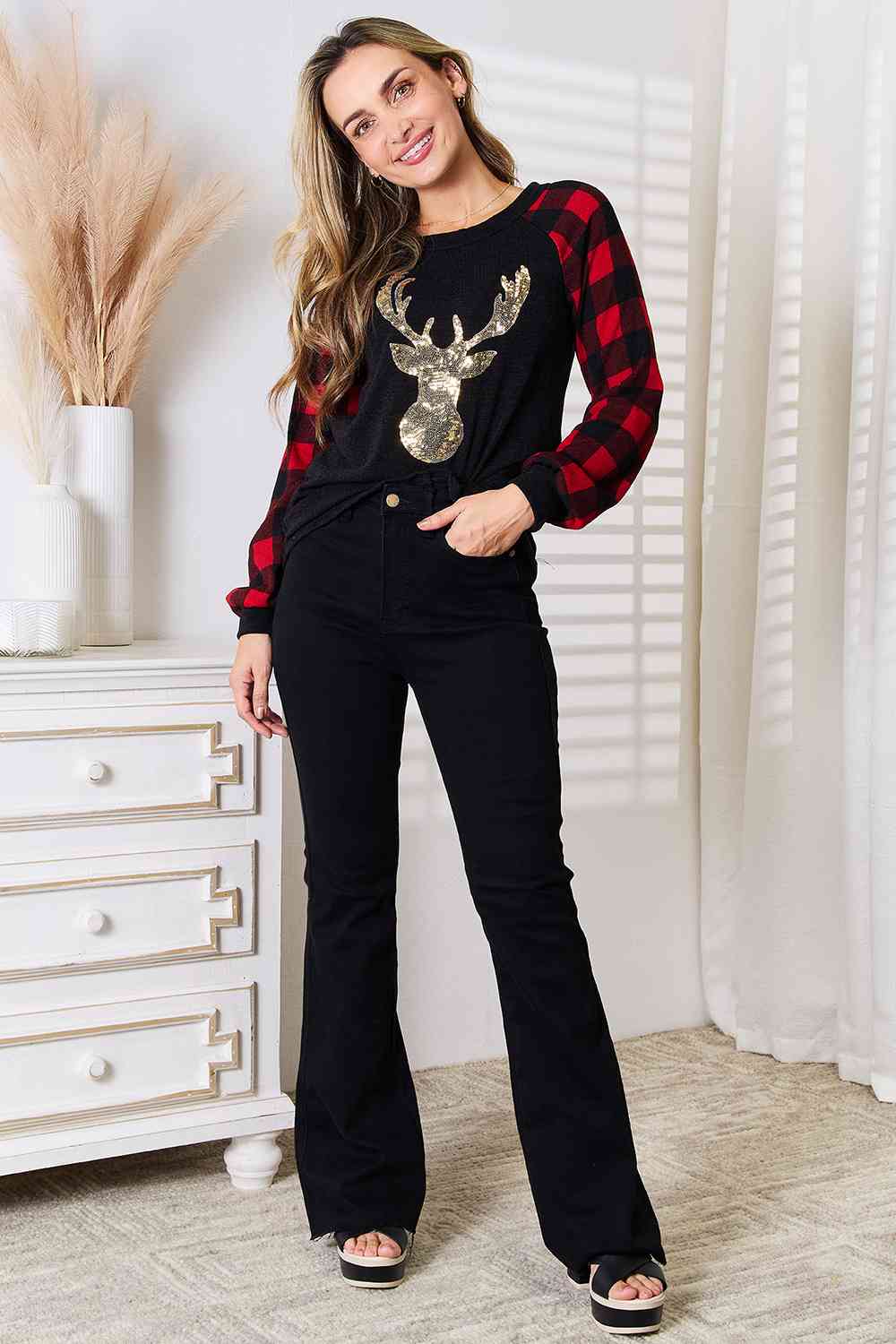 Heimish Full Size Sequin Christmas Reindeer Graphic Plaid Top *