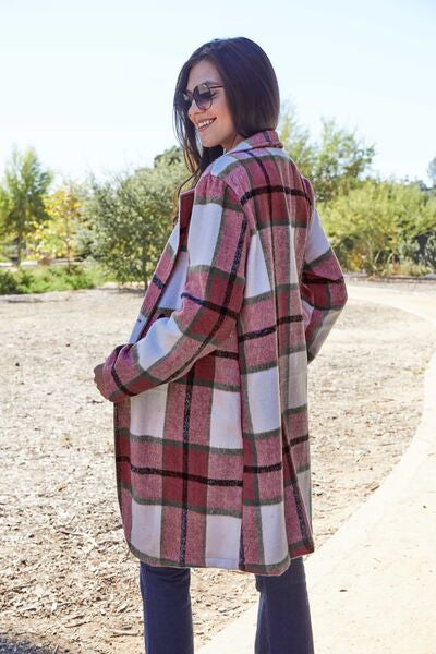 Double Take Full Size Plaid Button Up Lapel Collar Coat *
