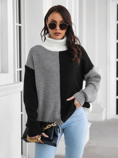 SnuggleTime Contrast Turtleneck Long Sleeve Black Sweater