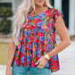 Women's Floral Round Neck Frill Trim Short Sleeve Blouse