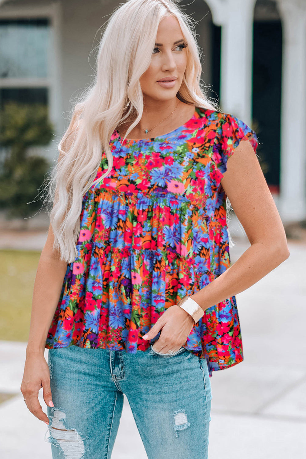 Women's Floral Round Neck Frill Trim Short Sleeve Blouse