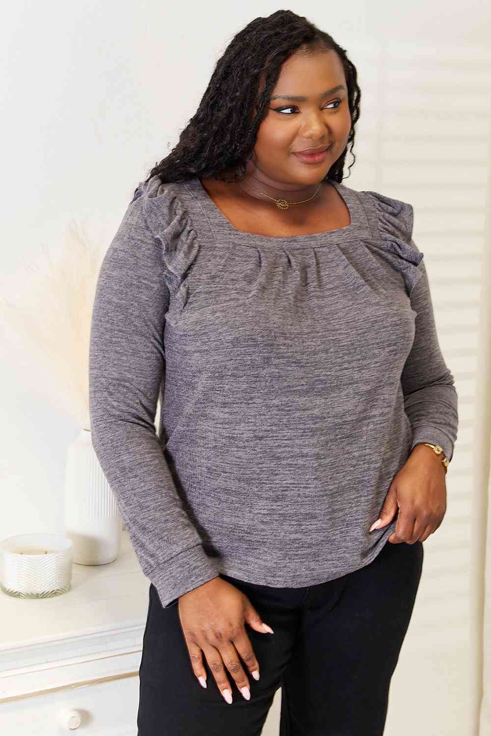 Double Take Square Neck Ruffle Shoulder Long Sleeve T-Shirt *