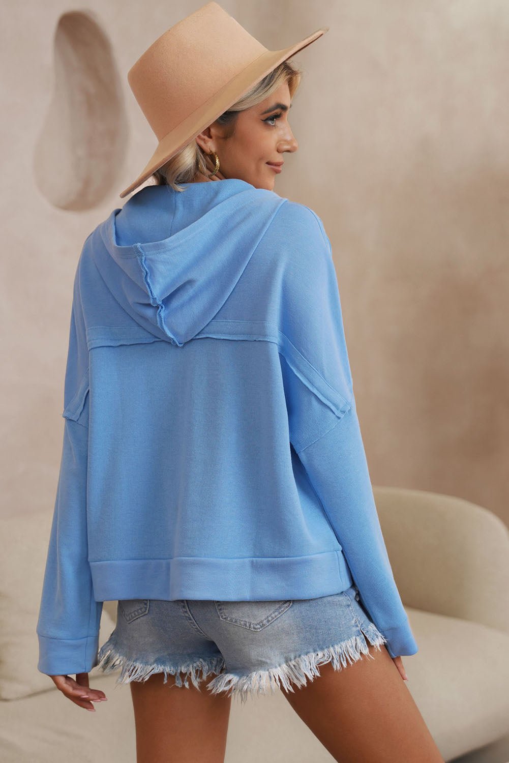 Malibu Dreams Quarter-Button Exposed Seam Dropped Shoulder Hoodie