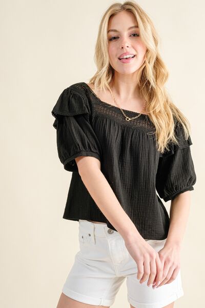 And The Why Square Neck Cotton Gauze Ruffled Blouse *