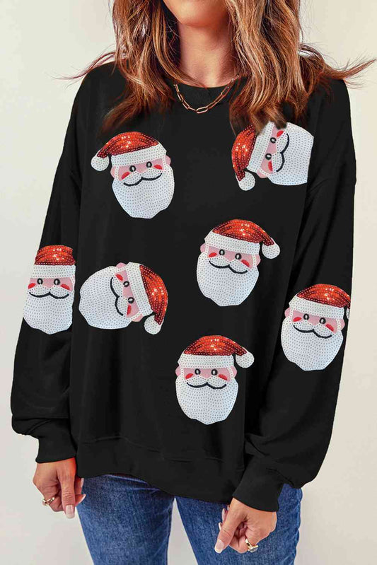 Christmas Themed Sequin Santa Patch Round Neck Sweatshirt