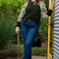 Plus Size Army Green Floral Waffle-Knit Round Neck Blouse