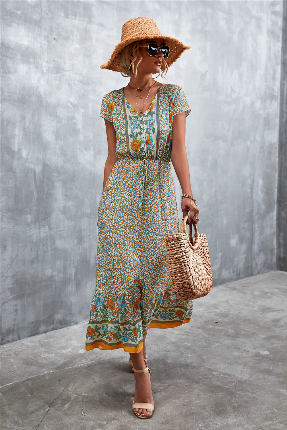 Full Size V-Neck Short Sleeve Printed Maxi Dress