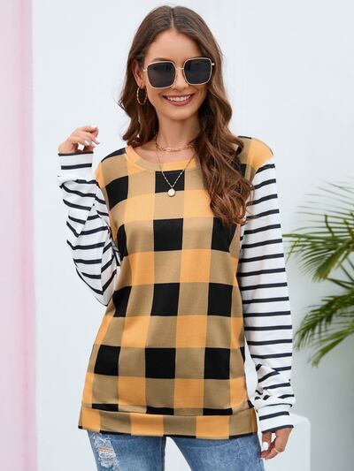 Women's HannahMea Plaid Striped Round Neck Long Sleeve T-Shirt