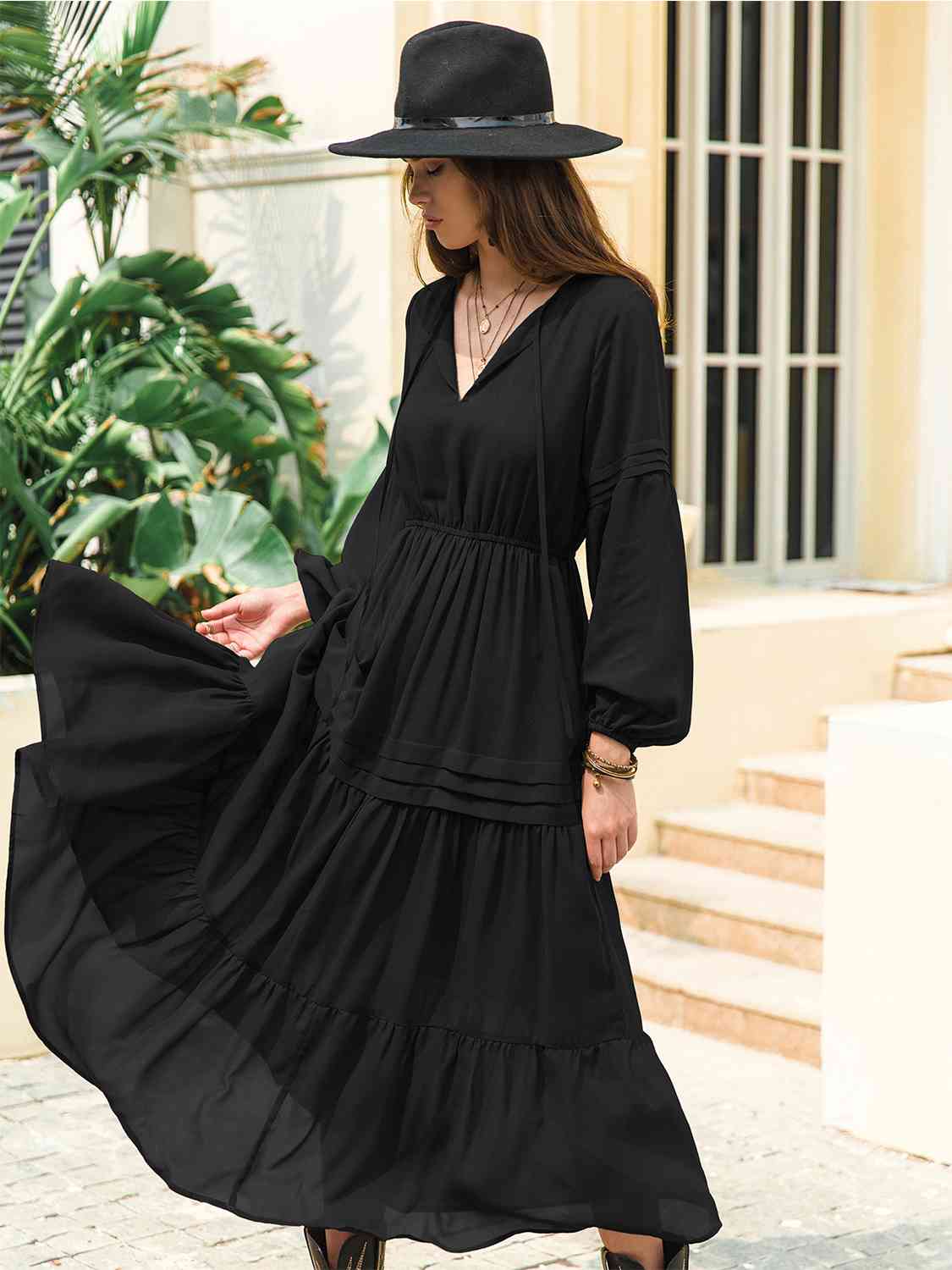 Amelia Tie Neck Long Sleeve Midi Tiered Dress