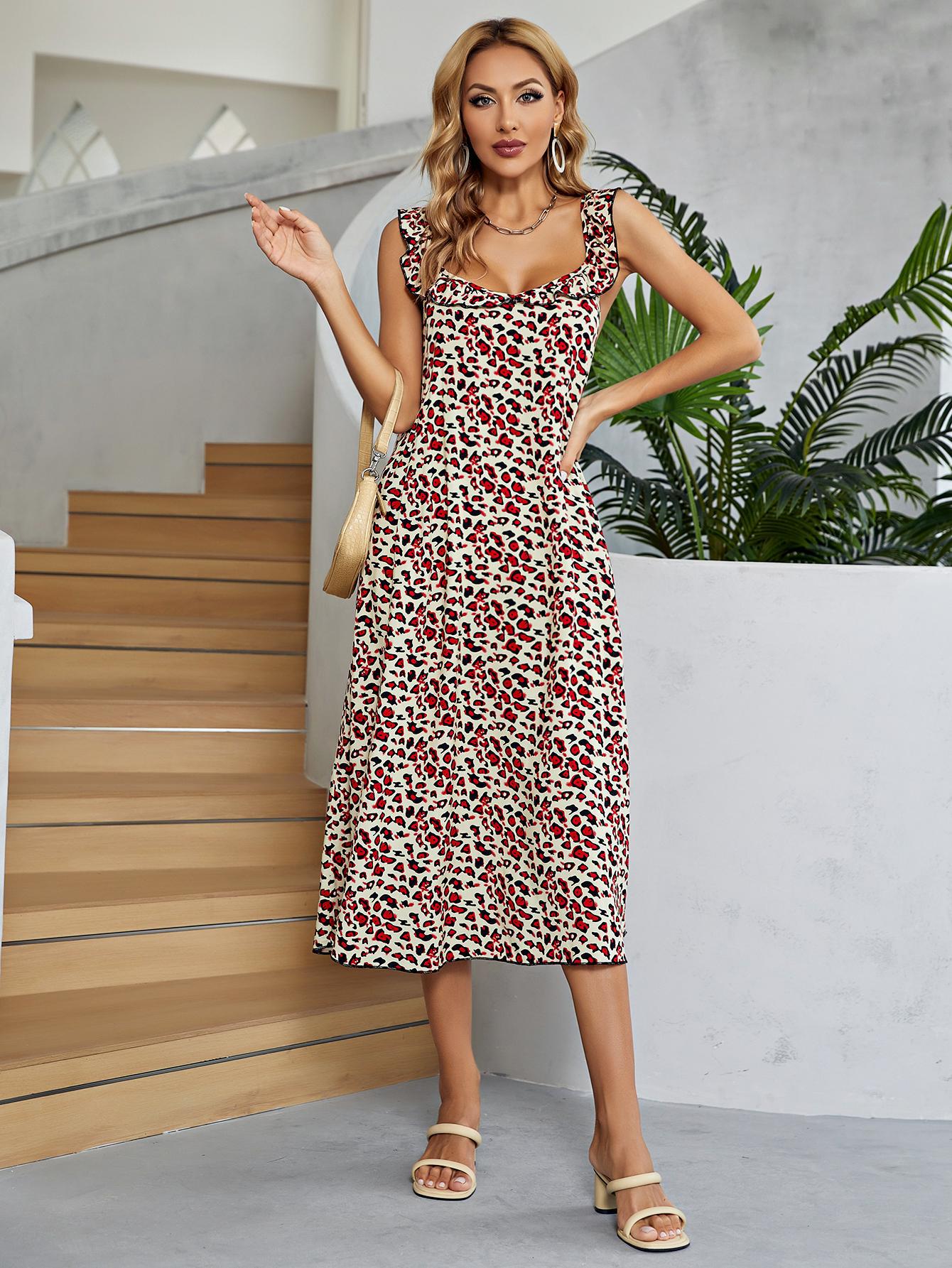 BAYSIDE Printed Ruffled Sleeveless Midi Dress