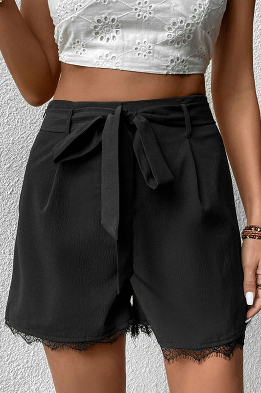 Women's Tie Belt Lace Trim Shorts