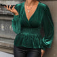 Smocked Surplice Lantern Sleeve Peplum Blouse