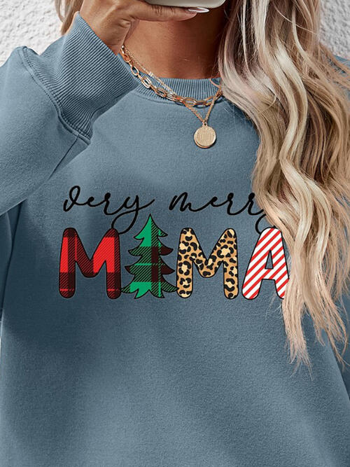 Christmas Themed VERY MERRY MAMA Letter Graphic Round Neck Long Sleeve Sweatshirt