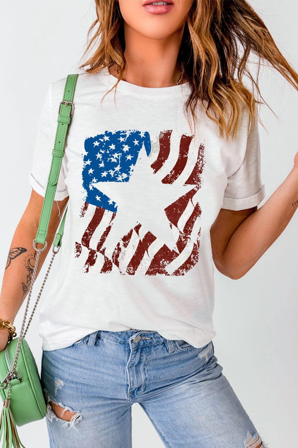 Full Size US Flag Graphic Round Neck Tee