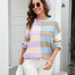 Round Neck Long Sleeve Color Block Dropped Shoulder Pullover Sweater