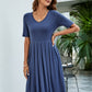Women's Pleated V-Neck Short Sleeve Tee Dress