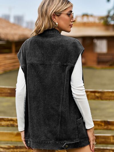 Button Up Collared Neck Sleeveless Denim Jacket Vest