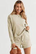 Double Take Full Size Texture Long Sleeve Top and Drawstring Shorts Set *