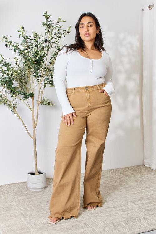RISEN Full Size Fringe Hem Wide Leg Jeans *