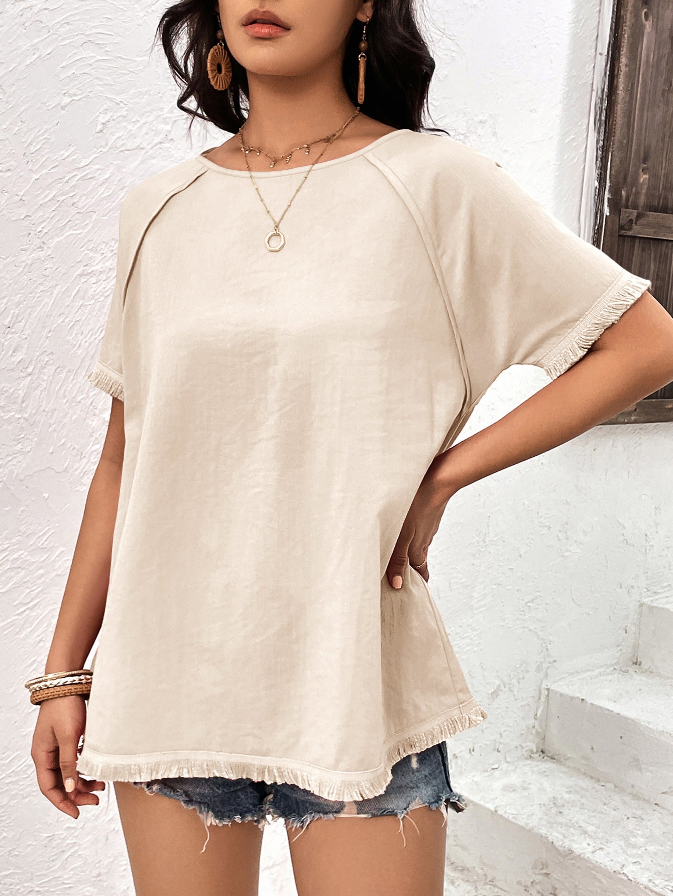 Women's Round Neck Raglan Sleeve Fringe Detail Top