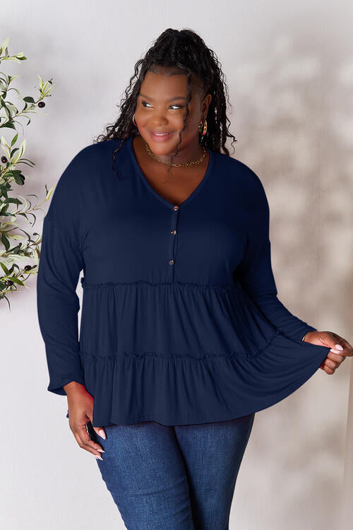 Double Take Half Button Long Sleeve Ruffle Hem Blouse *