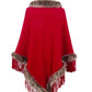 Country Rustic One Size Faux Fur Trim Fringed Poncho