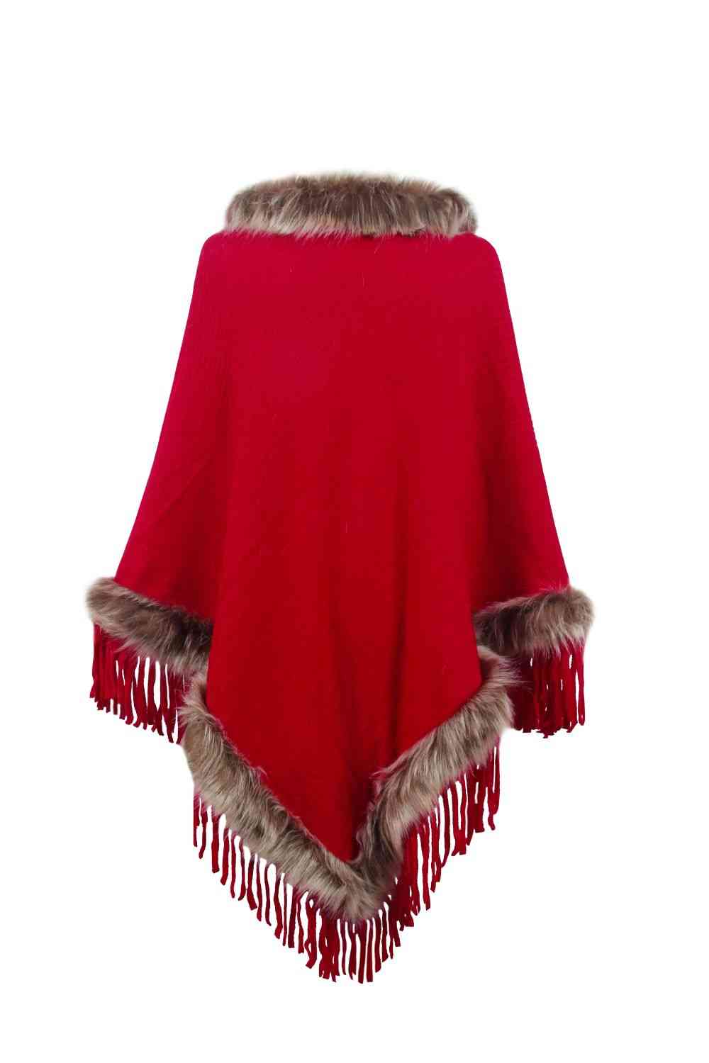 Country Rustic One Size Faux Fur Trim Fringed Poncho