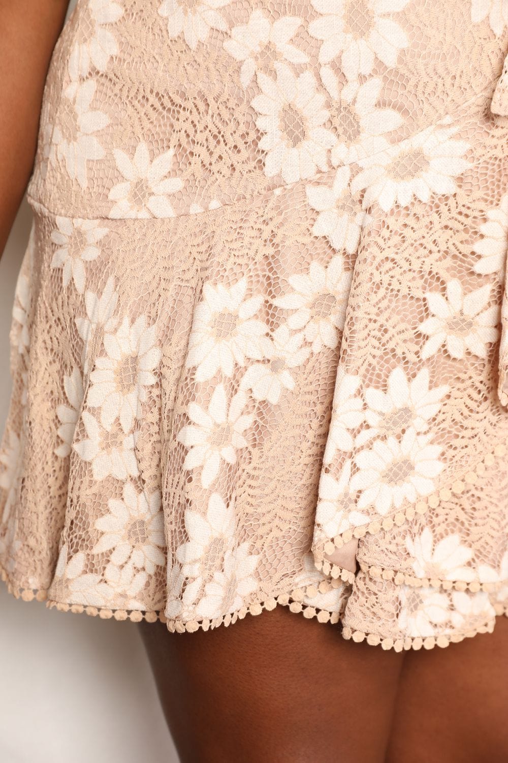 Double Take Sand Brown Floral Lace Pompom Detail Tie-Waist Flutter Sleeve Dress