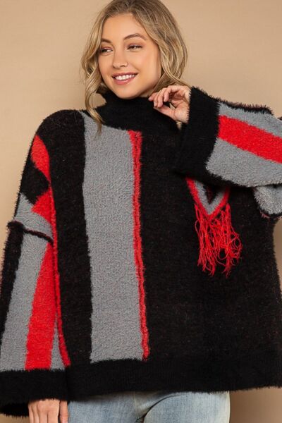 POL Turtleneck Color Block Fringe Detail Sweater *