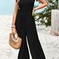 Women's Frill Trim Tie Shoulder Wide Leg Jumpsuit with Pockets
