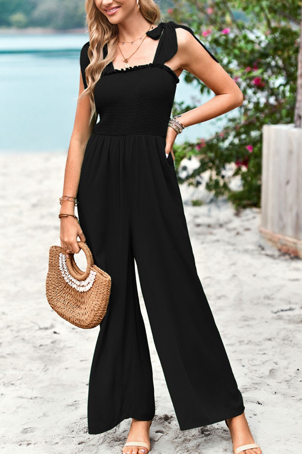 Women's Frill Trim Tie Shoulder Wide Leg Jumpsuit with Pockets