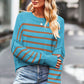 Striped Round Neck Drop Shoulder Slit Sweater