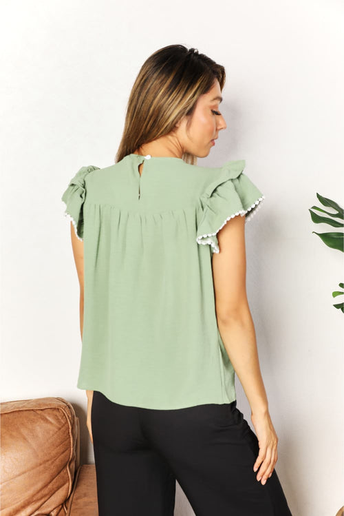 Double Take Gum Leaf Pleated Detail Flutter Sleeve Blouse *