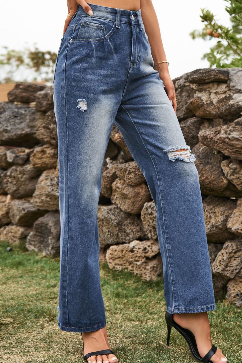 BeyondYou Distressed Buttoned Loose Fit Jeans