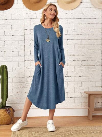 Pocketed Round Neck Long Sleeve Tee Dress