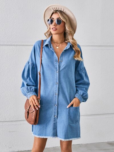 Women's Zabelle Button Up Pocketed Raw Hem Denim Dress