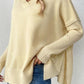 Slit V-Neck Dropped Shoulder Sweater